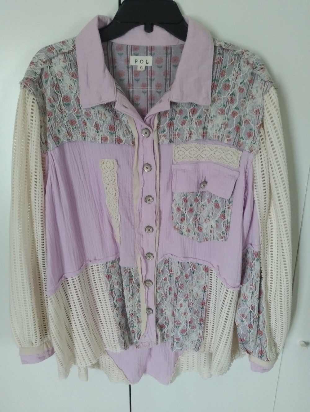 POL Lilac button-up blouse with cream crochet and floral panels